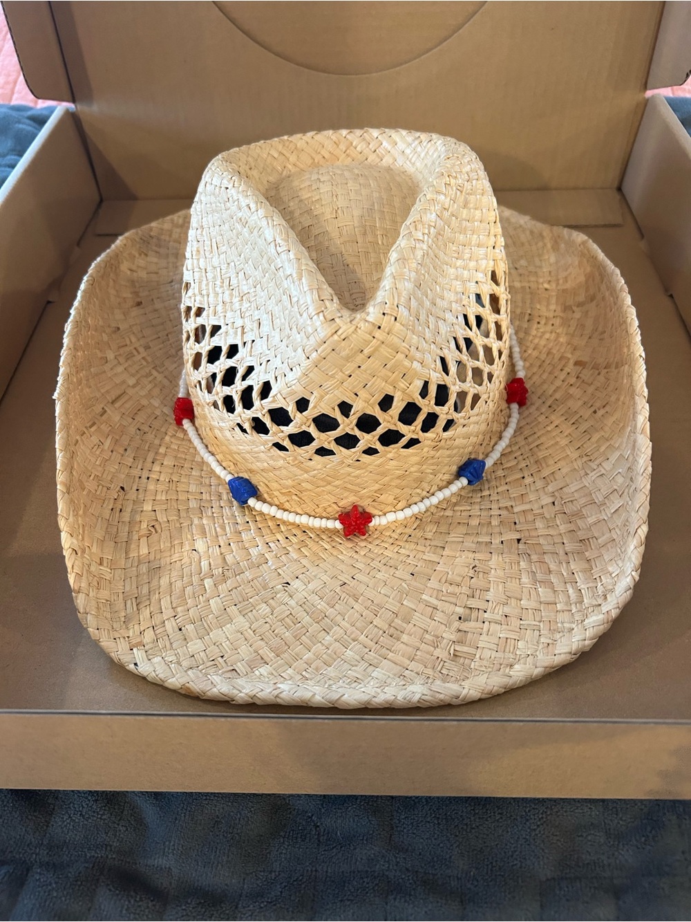 Lack of Color Straw Cowboy Hat with Red & Blue Beaded Trim